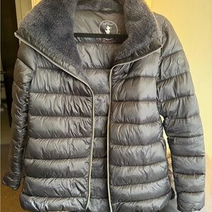 SAVE THE DUCK Charcoal Puffer Jacket with Faux Fur Collar
